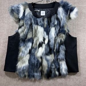 CAbi Frosty Gray Black Cap Sleeve Faux Fur Vest Women XL Casual Fall Winter